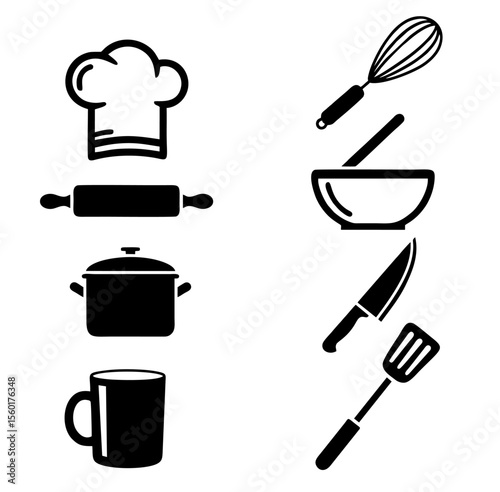 Cooking Tools Silhouette Vector | Chef Utensils Icons Set | Kitchen Equipment Illustration