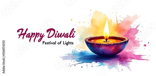 Vibrant watercolor illustration of a lit diya with colorful splashes Diwali oil lamp