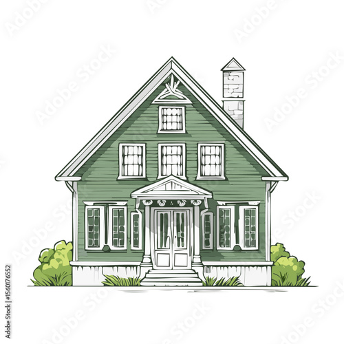 Green Two-Story Home Illustration with White Trim and Landscaping on Black Background
