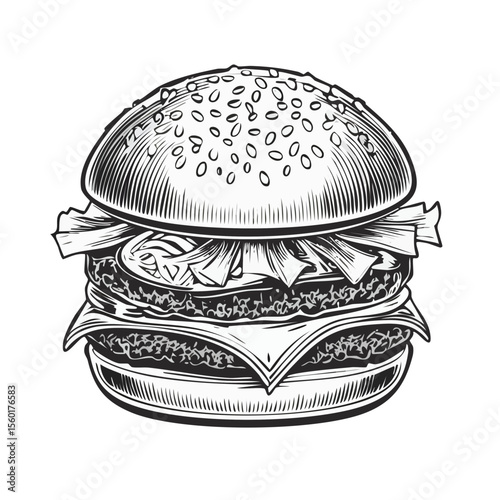 Stylized Black and White Burger Illustration with Cheese Lettuce and Sesame Seed Bun Isolated on Black Background