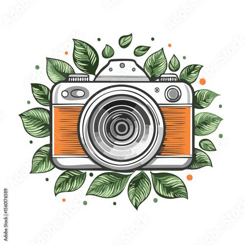 Vintage Camera Surrounded by Green Leaves on Black Background in Illustration Style