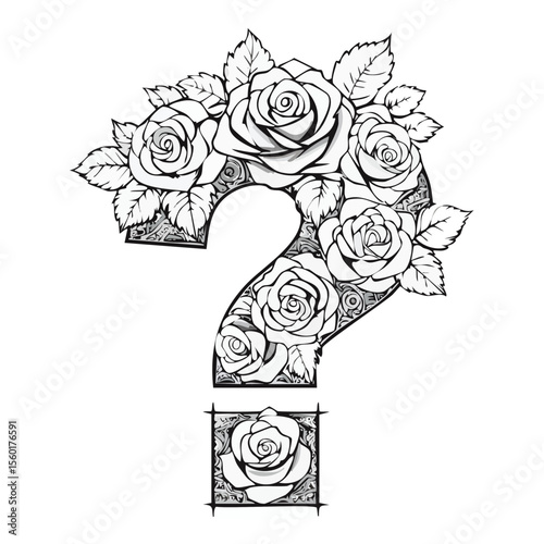 Question mark made of roses and ornaments in black and white design concept for romance uncertainty and decoration