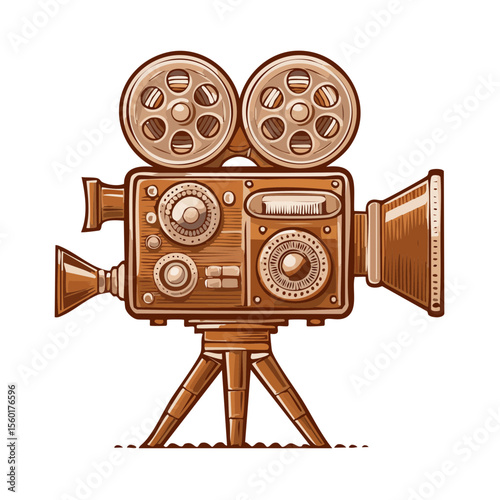 Vintage Film Camera on Tripod, Cartoon Style Illustration with Detailed Components and Copper Tones against Black Background