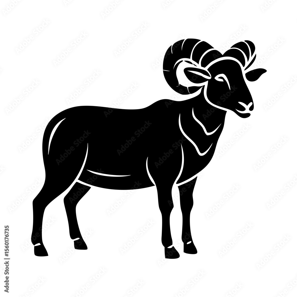 Obraz premium Majestic ram illustration. Powerful ram silhouette in black and white. Strong ram image perfect for logos, branding, and design projects.