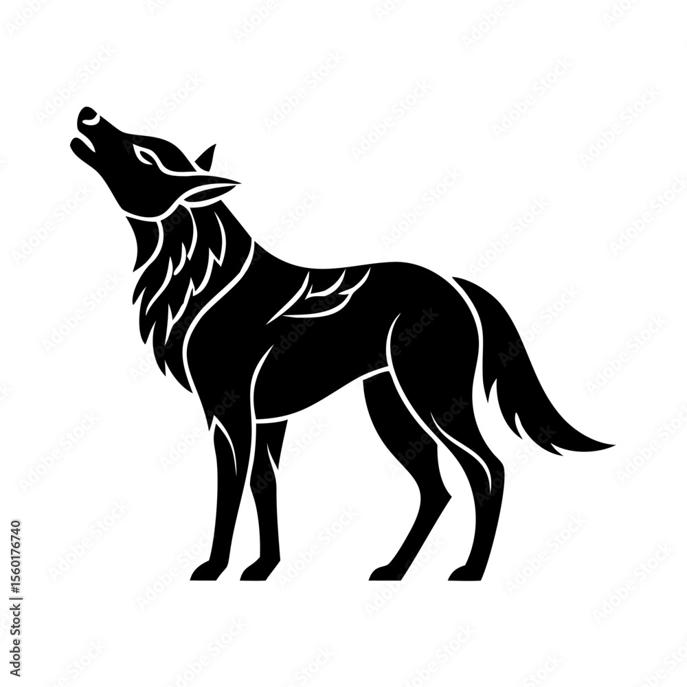 Fototapeta premium Majestic wolf howling at moon. Stylized wolf silhouette, perfect for logo design, tattoo art, or wildlife illustration. This powerful wolf image evokes freedom and wildness.