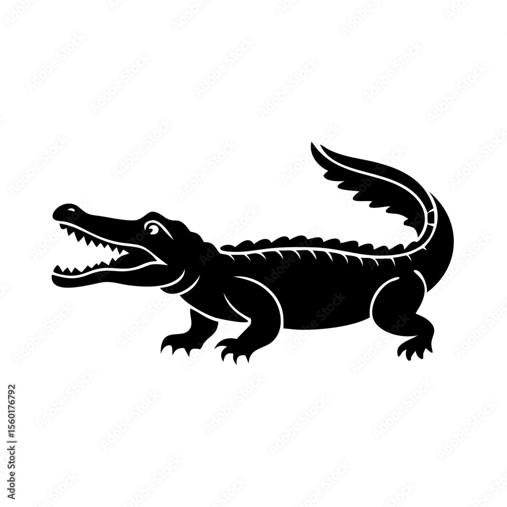Fototapeta premium American crocodile silhouette illustration. Crocodylus acutus reptile graphic with open mouth, showing sharp teeth and powerful tail. This crocodile image is perfect for zoology projects.