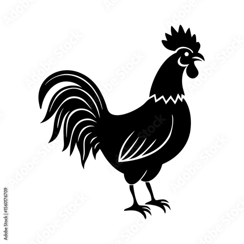 Black rooster silhouette. Farm animal illustration for poultry farm logo design.  Rooster image perfect for branding, agricultural business, and poultry industry.