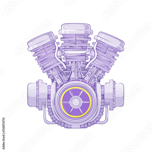 Stylized motor engine illustration in lavender color palette. Mechanical parts vector art. Industrial design for automotive industry background