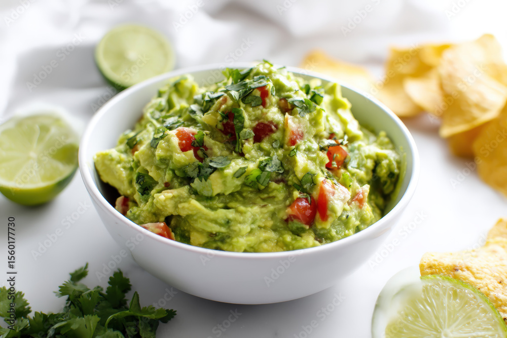 Fresh Guacamole with Tortilla Chips. A vibrant bowl of fresh guacamole, garnished with cilantro and lime wedges, served with tortilla chips, perfect for a snack or appetizer. Fresh Guacamole with Tortilla Chips. A vibrant bowl of fresh guacamole, garnished with cilantro and lime wedges, served with tortilla chips, perfect for a snack or appetizer.