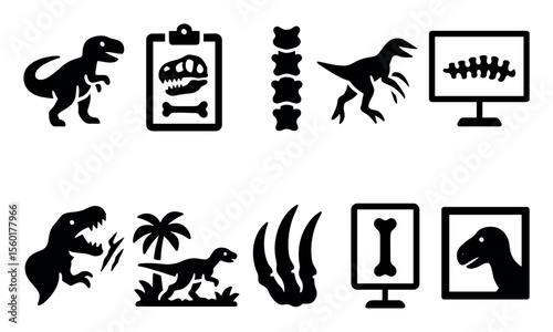 Dinosaur archaeology solid icon set. fossils, bones, museum artifacts solid collection