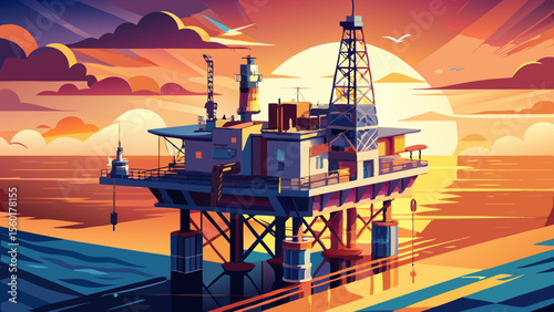 An aerial view of an offshore jack-up oil rig in the Gulf, bathed in sunset light. Towering above calm seas, it reflects the fusion of industrial power and natural majesty.