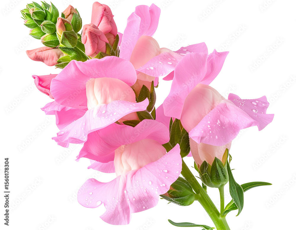 Fototapeta premium Single Pink Snapdragon Flower with Dewdrops, isolated on transparent background. 