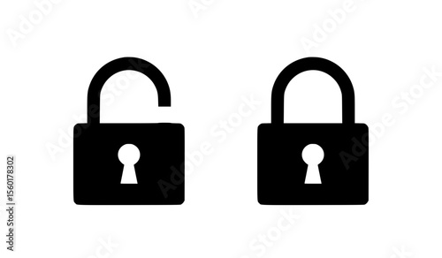 Padlock silhouette icons in open and closed position for security concept  