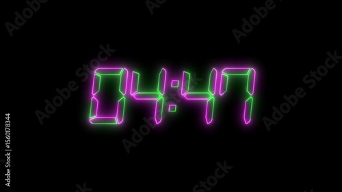 Digital countup clock timer in zero second to 5 minute. White text number on isolated black background.