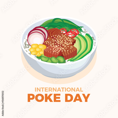 International Poke Day poster vector illustration. Hawaiian tuna poke bowl with fish, rice, avocado, vegetable vector. Template for background, banner, card. September 28. Important day