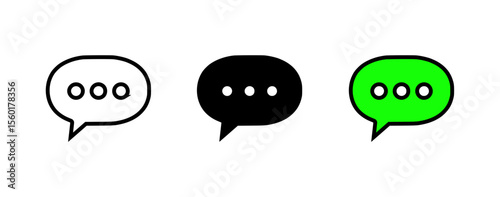 Chat bubble icon in three design variations - outline, silhouette, and two-tone  