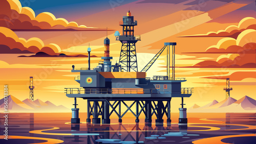 An aerial view of an offshore jack-up oil rig in the Gulf, bathed in sunset light. Towering above calm seas, it reflects the fusion of industrial power and natural majesty.