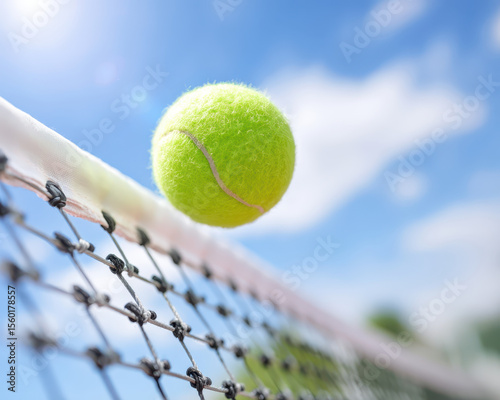 Tennis ball captured mid air near net with blue sky background, showing dynamic motion and bright outdoor sports atmosphere. Perfect action shot with clear focus on ball texture and net details