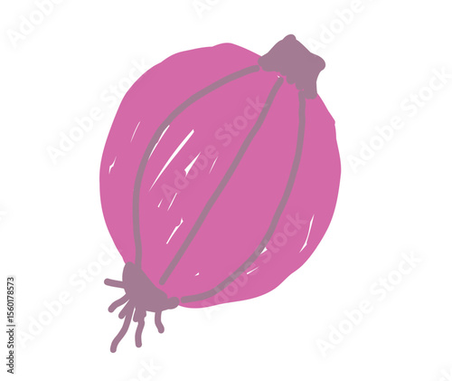Hand-drawn illustration of a whole red onion with roots and stem cap in purple tones on white background.