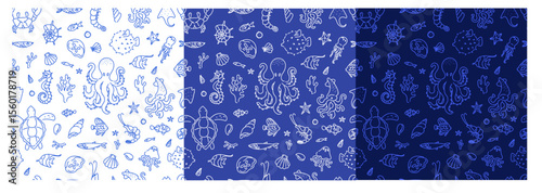 Seamless pattern set with hand-drawn outline illustrations of octopus, turtle, seahorse, fish, coral, seashells, squid, and underwater creatures. Sea life and ocean animals concept.
