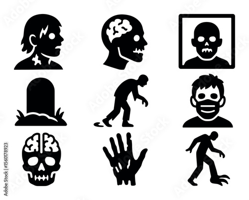Zombie and halloween solid icon set. creepy, horror, scary symbols for spooky designs