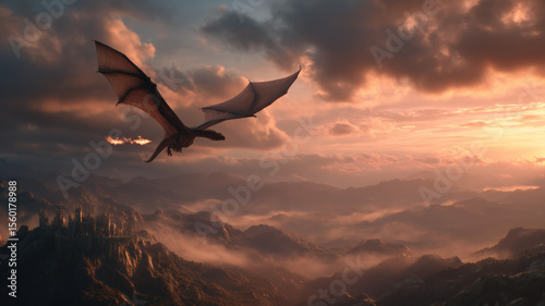 Epic dragon flying above medieval castle at sunset in magical mountain landscape with glowing clouds, symbolizing fantasy adventure, myth, legend, freedom, and high fantasy atmosphere