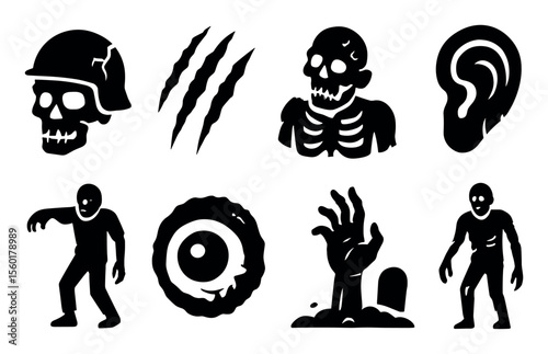 Zombie monster silhouette icon set. undead, spooky horror icons collection