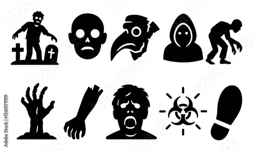 Horror, zombie silhouette icon set. spooky, halloween, scary icons collection