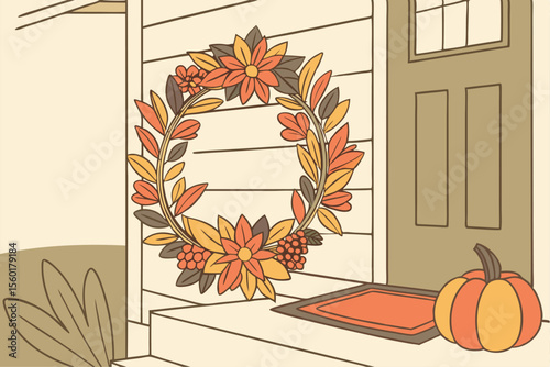 Fall Floral Wreath with Pumpkins and Leaves