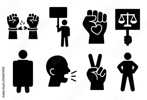 Activism, justice solid icon set. protest, equality, freedom icons solid collection