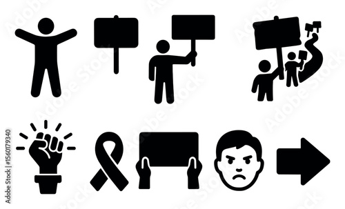 Protest silhouette icon set. activism, demonstration symbols collection