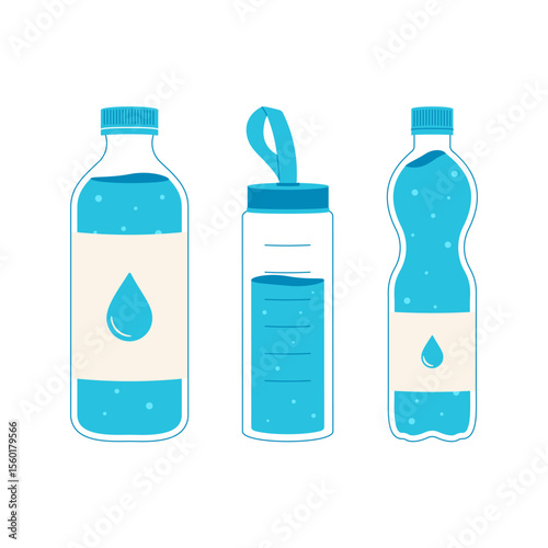 Set of three water bottles in flat vector style. Clean blue design, ideal for hydration, fitness, wellness, and eco-friendly themes in print and digital media.