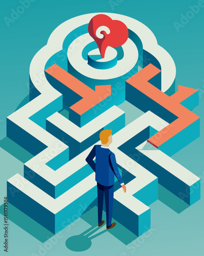A person ped in a maze with each turn representing a different conflicting thought or belief creating cognitive dissonance and confusion.. Vector illustration