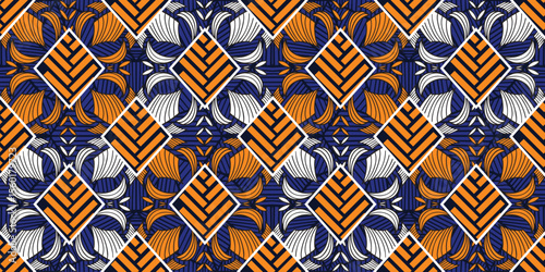  African wax prints. African ethnic traditional blue, orange pattern. seamless beautiful Kitenge, chitenge, dutch wax style. fashion design in rhombus. Leaf abstract motif. Leaf Ankara prints.