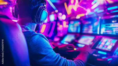 Gambling concept: Man with headphone Playing machine in gaming room at night, illuminated with neon lights
