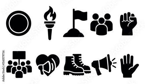 Protest, activism silhouette icon set. demonstration, social justice symbols