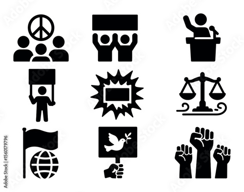 Protest and peace solid icon set. activism, inclusion, justice, equality icons collection