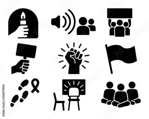 Protest, activism silhouette icon set. demonstration, human rights symbols collection