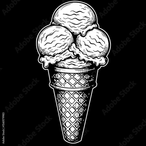 Frozen Delight: A detailed artistic rendition of a classic ice cream cone, offering a delectable visual treat.