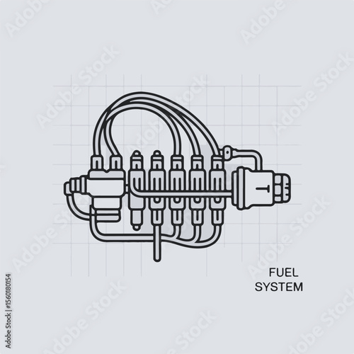 Detailed illustration of a fuel injection system component diagram with lines and connections for automotive engine maintenance.
