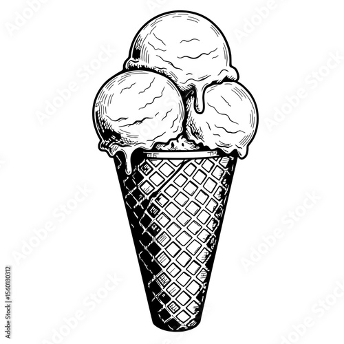 Triple Scoop Ice Cream Cone: A delectable illustration of a triple scoop ice cream cone, with melting ice cream dripping down the waffle cone.  The image is in black and white.