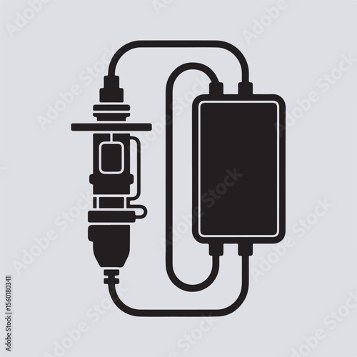 Medical illustration of intravenous infusion with a bag and connected iv equipment in a simplified black and white design.