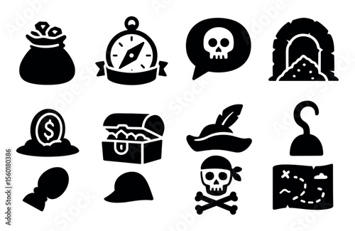 Pirate adventure silhouette icon set. treasure, ship icons for maps and games