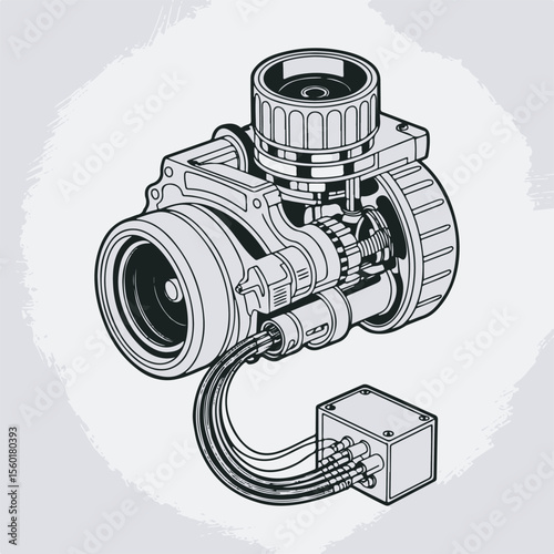 Detailed technical illustration of a complex machine component featuring internal gears wiring and a connected control box.