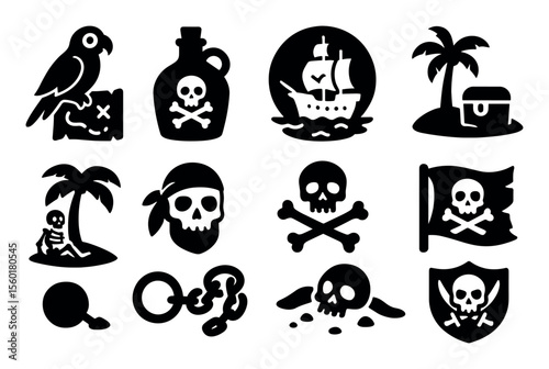 Pirate adventure silhouette icon set: treasure, skull, ship, and island graphics