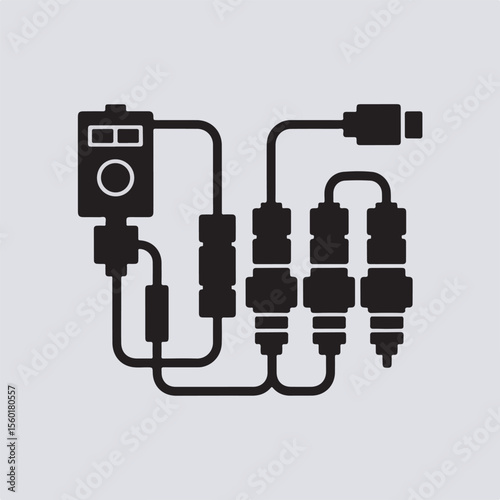 Minimalist vector illustration of electronic device with wiring connections and plug for technical diagrams