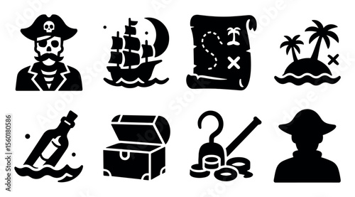 Pirate adventure silhouette icon set: treasure map, ship, and island silhouettes