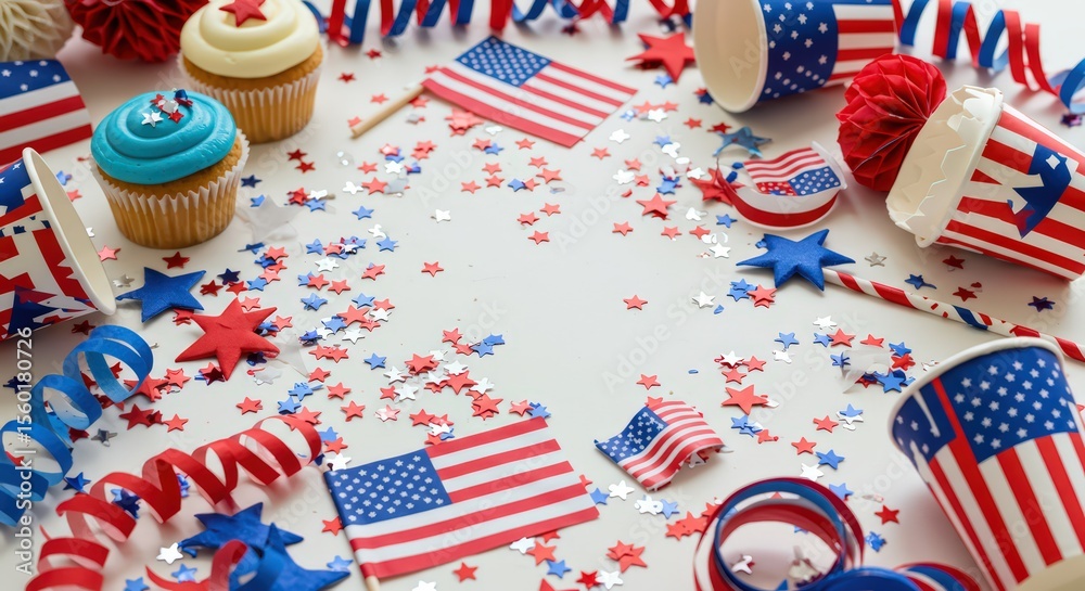 Obraz premium Patriotic 4th of July Celebration: Cupcakes, Flags, and Festive Decorations