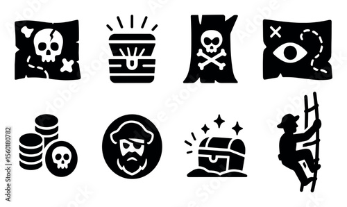 Pirate themed solid icon set. treasure maps, chests, and skulls graphics collection