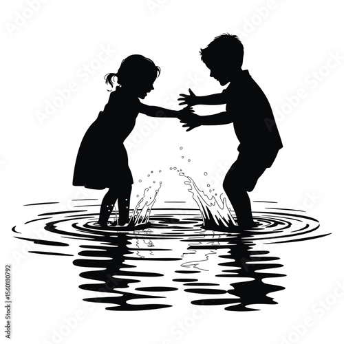 Child playing joyfully, splashing water, silhouette vector on white background
